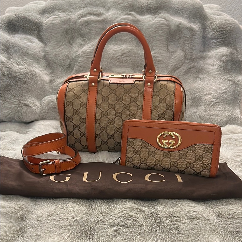 Boston Gucci Brown and Tan Handbag and Wallet Set